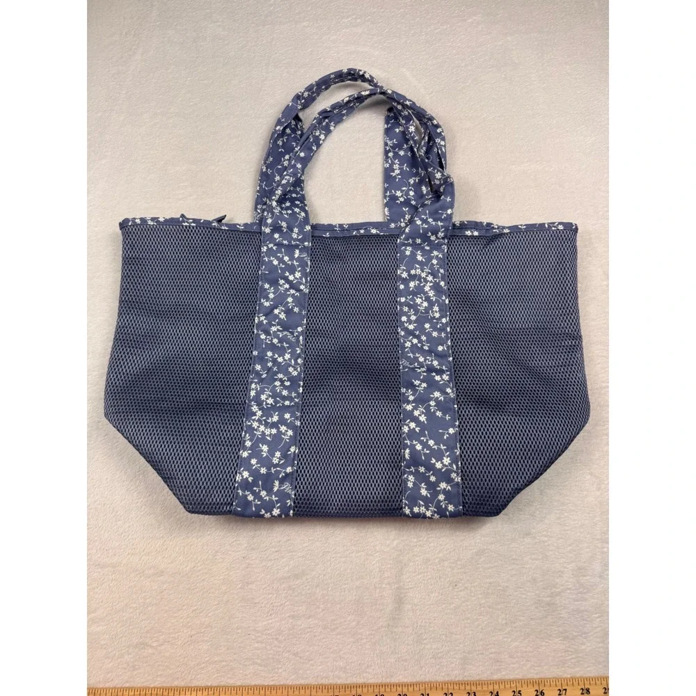 Victoria's Secret PINK Mesh Tote Bag Navy Blue Floral Zipper Beach Gym Carryall